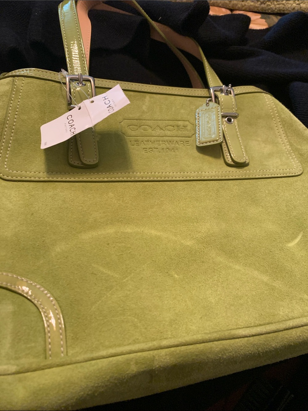 Coach Green Suede Tote with Beige Lined Handles